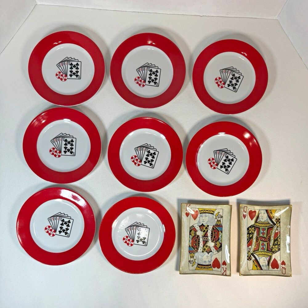 10pc Poker Game Night Serving Set 8 6" Plastic Plates & 2 King & Queen Trays